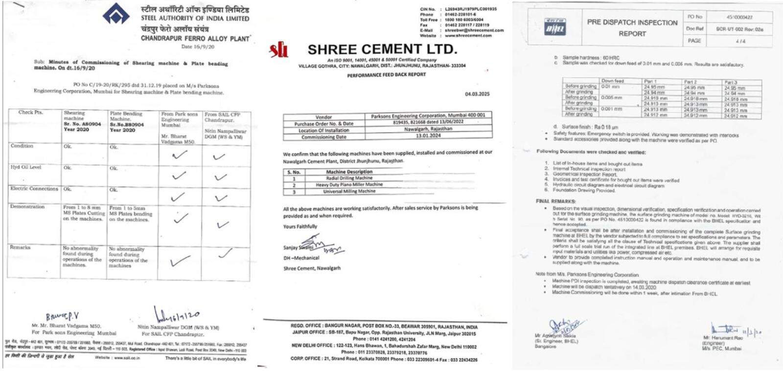 Official client performance reports and commissioning certificates from SAIL, BHEL, and Shree Cement validating Parksons Engineering’s workshop installations