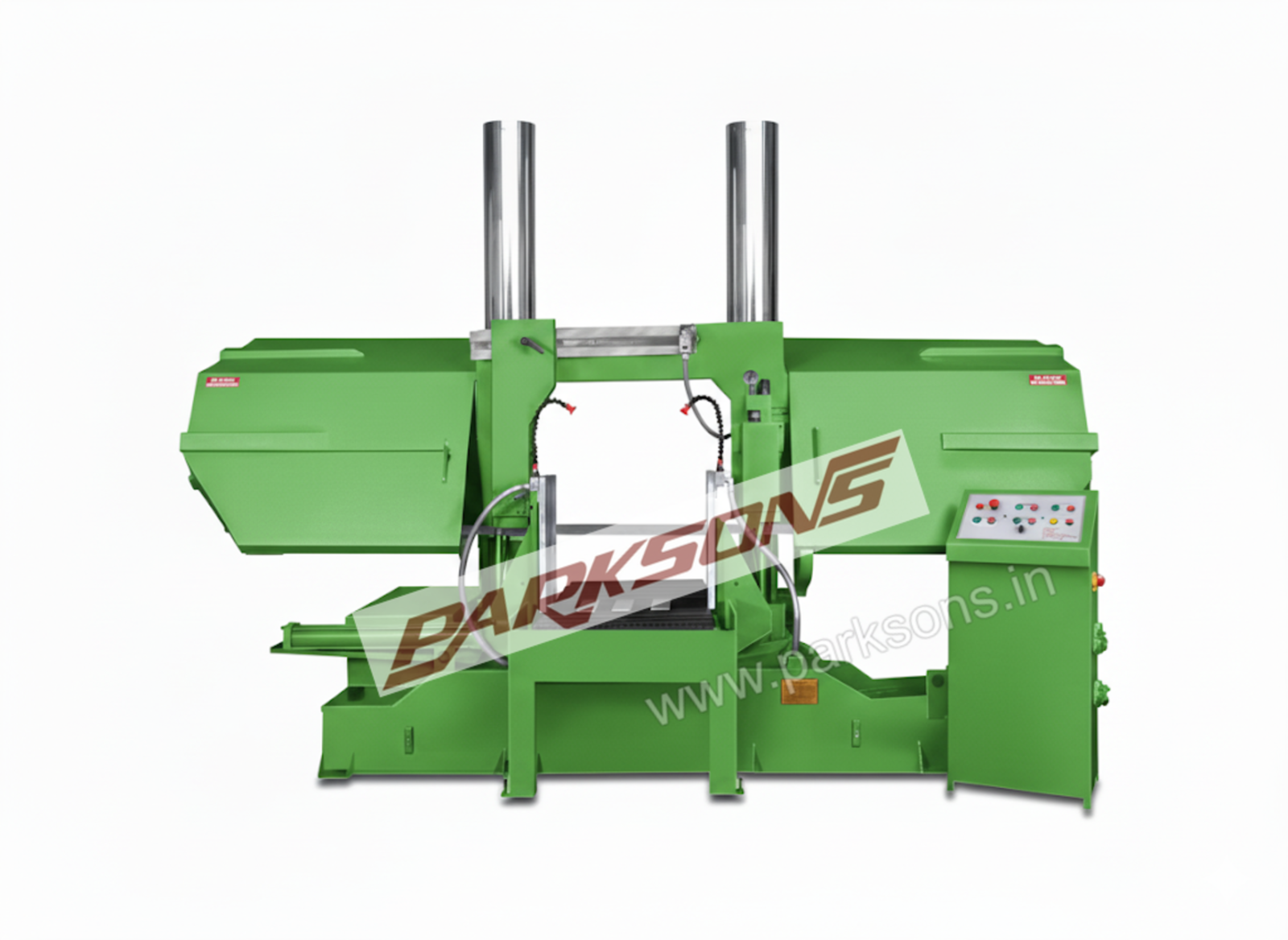 Rigid double-column horizontal bandsaw for high-accuracy, heavy-duty stock cutting of large metal sections