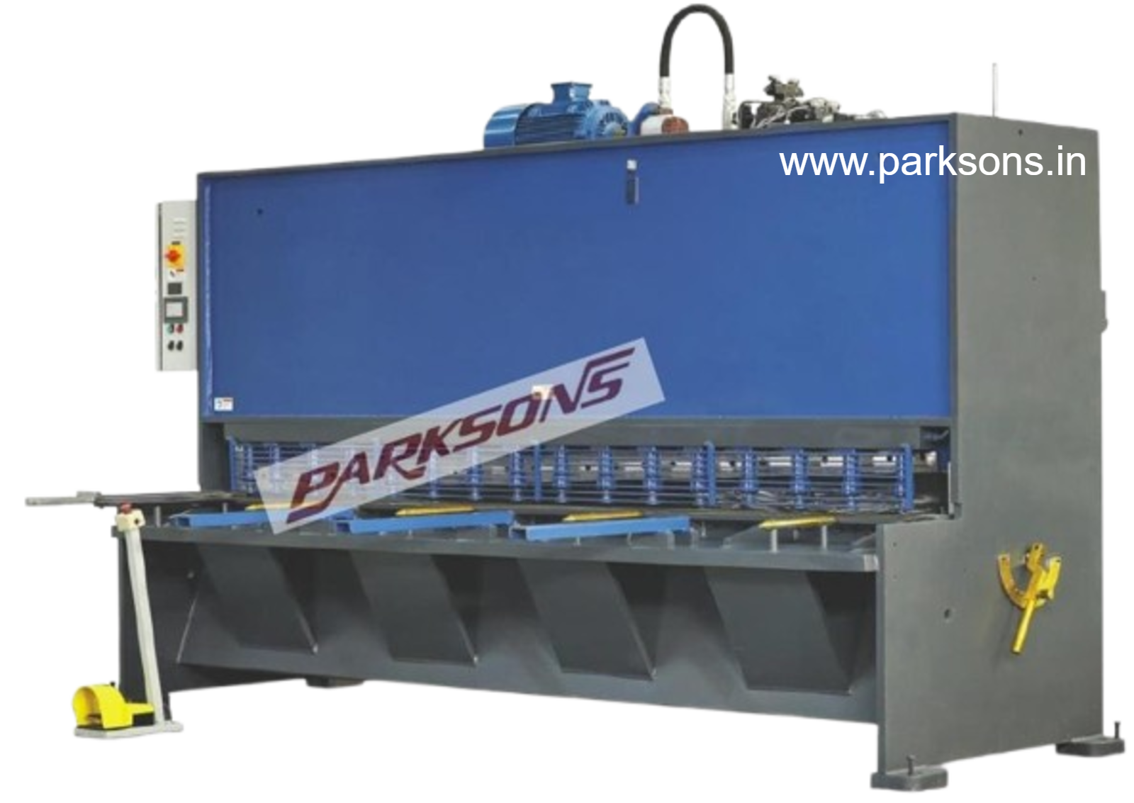 Hydraulic guillotine shear for accurate and repeatable straight-line cutting of heavy metal plates