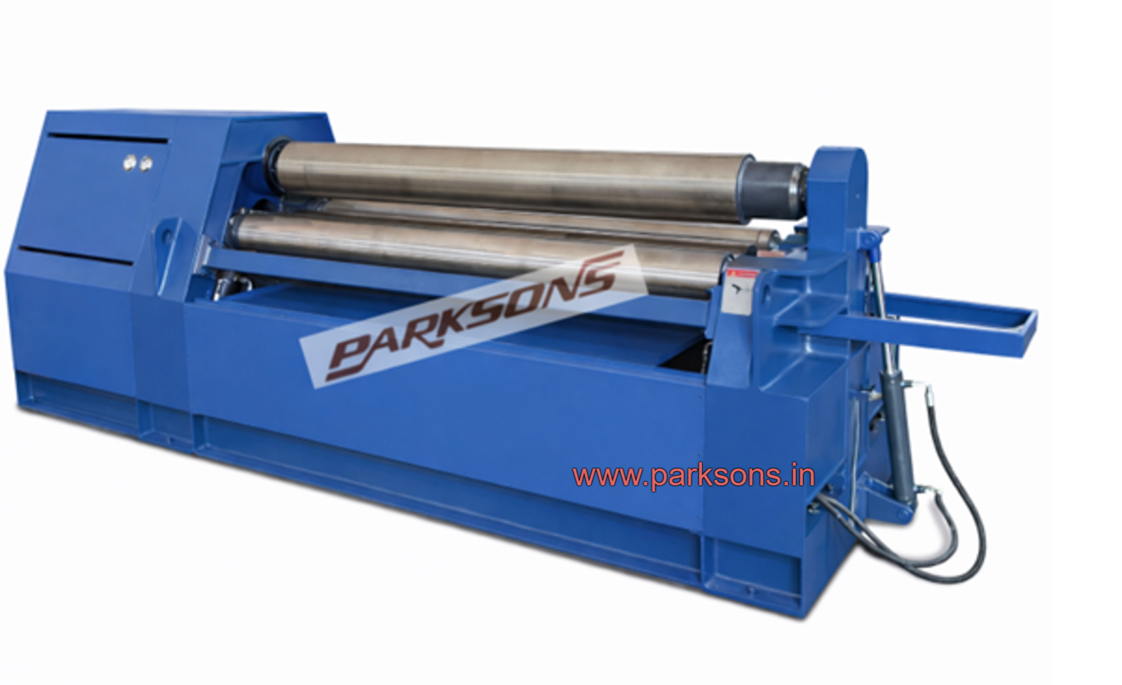 Three-roll hydraulic plate bending machine for rolling cylinders, shells, and curved profiles in heavy engineering